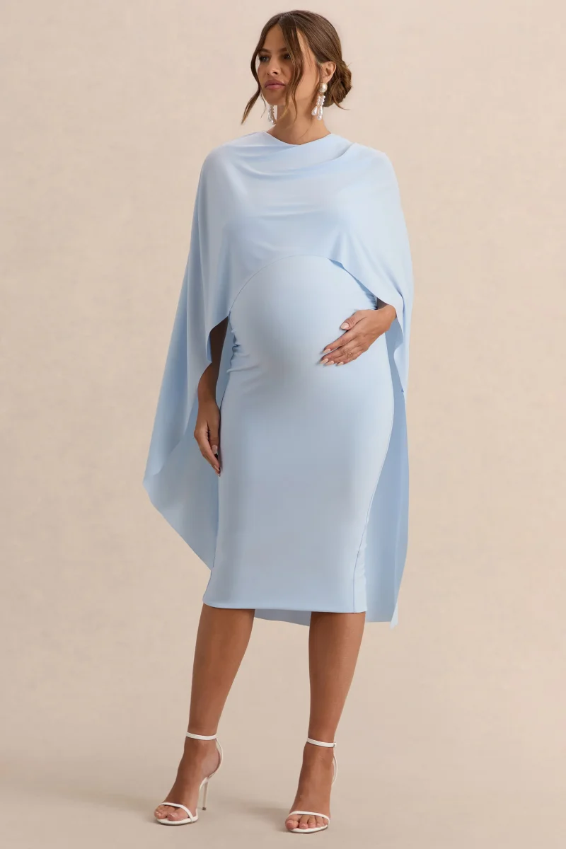 Arwen | Vestido Midi Premamá Azul Polvos De Jersey Elástico Premium Con Escote Redondo Y Detalle De Capa - Imagen 6