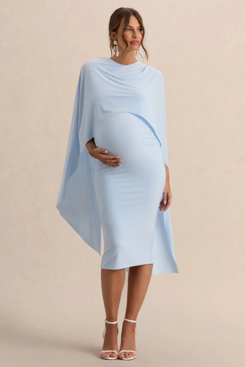 Arwen | Vestido Midi Premamá Azul Polvos De Jersey Elástico Premium Con Escote Redondo Y Detalle De Capa - Imagen 7