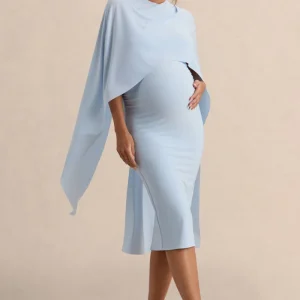 Arwen | Vestido Midi Premamá Azul Polvos De Jersey Elástico Premium Con Escote Redondo Y Detalle De Capa
