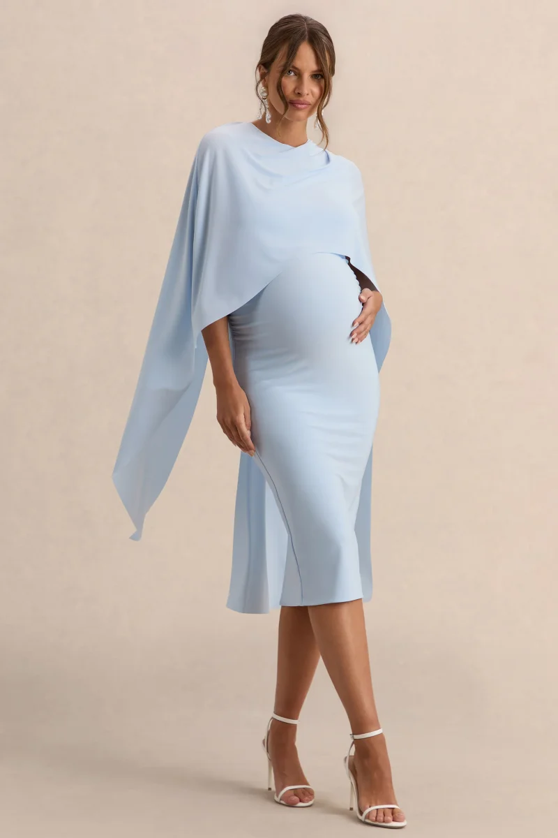 Arwen | Vestido Midi Premamá Azul Polvos De Jersey Elástico Premium Con Escote Redondo Y Detalle De Capa