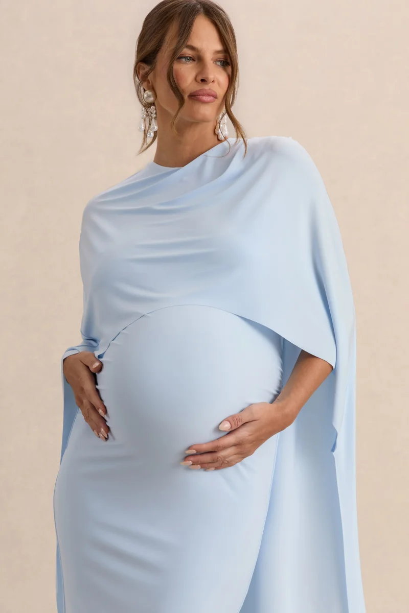 Arwen | Vestido Midi Premamá Azul Polvos De Jersey Elástico Premium Con Escote Redondo Y Detalle De Capa - Imagen 4
