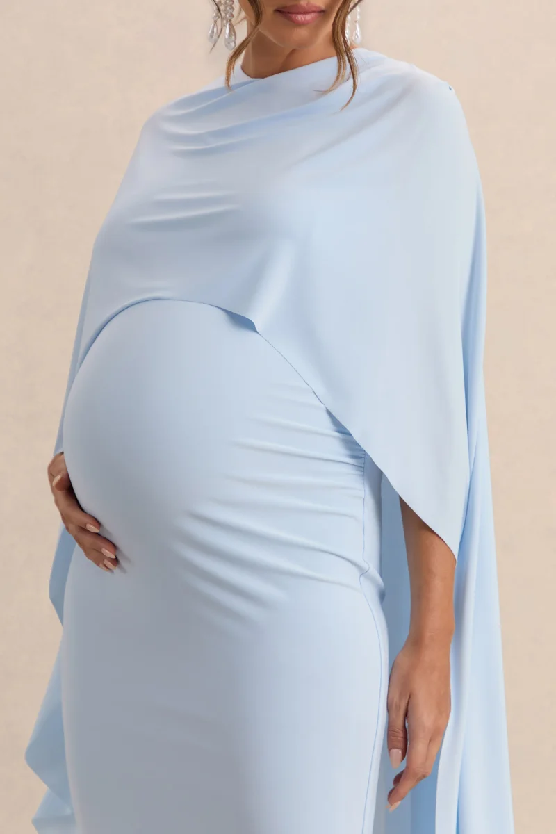 Arwen | Vestido Midi Premamá Azul Polvos De Jersey Elástico Premium Con Escote Redondo Y Detalle De Capa - Imagen 8