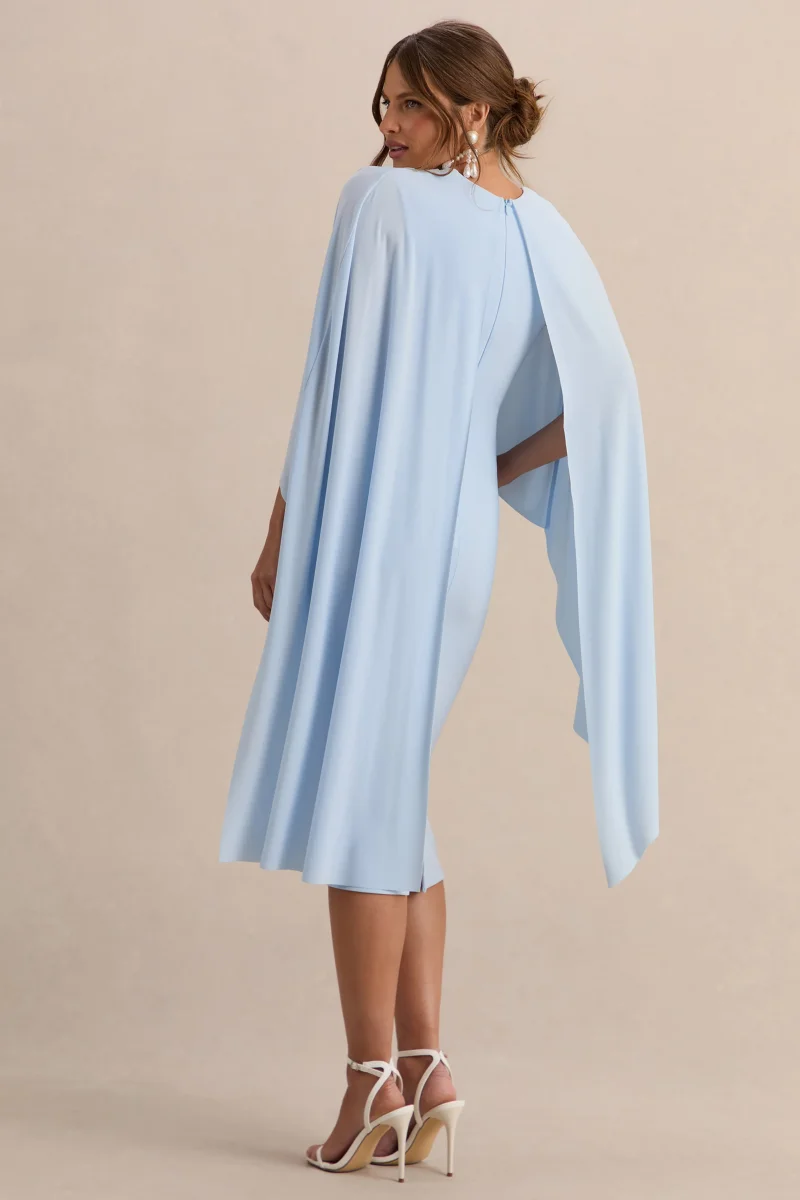 Arwen | Vestido Midi Premamá Azul Polvos De Jersey Elástico Premium Con Escote Redondo Y Detalle De Capa - Imagen 3