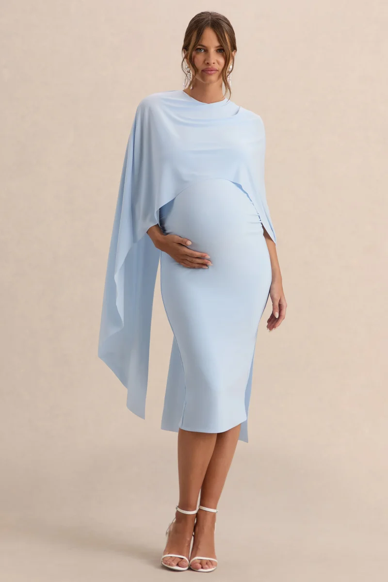 Arwen | Vestido Midi Premamá Azul Polvos De Jersey Elástico Premium Con Escote Redondo Y Detalle De Capa - Imagen 5