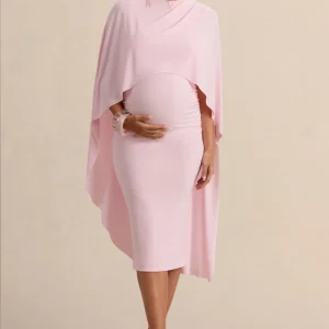 Arwen | Vestido Midi Premamá Rosa Claro De Jersey Elástico Premium Con Escote Redondo Y Detalle De Capa