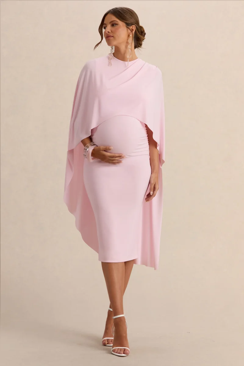 Arwen | Vestido Midi Premamá Rosa Claro De Jersey Elástico Premium Con Escote Redondo Y Detalle De Capa