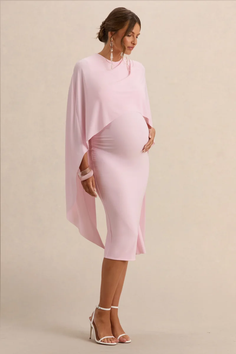 Arwen | Vestido Midi Premamá Rosa Claro De Jersey Elástico Premium Con Escote Redondo Y Detalle De Capa - Imagen 5