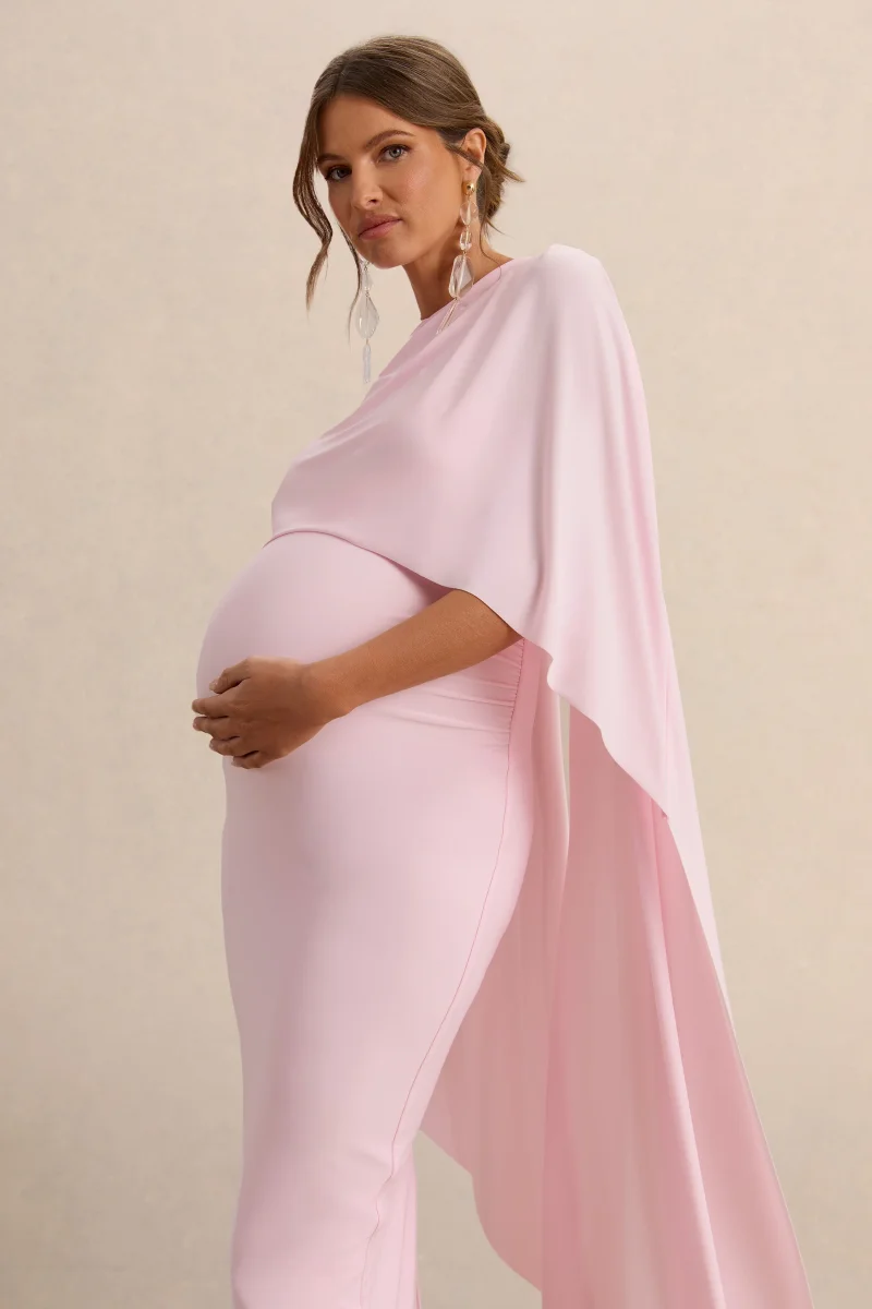 Arwen | Vestido Midi Premamá Rosa Claro De Jersey Elástico Premium Con Escote Redondo Y Detalle De Capa - Imagen 4
