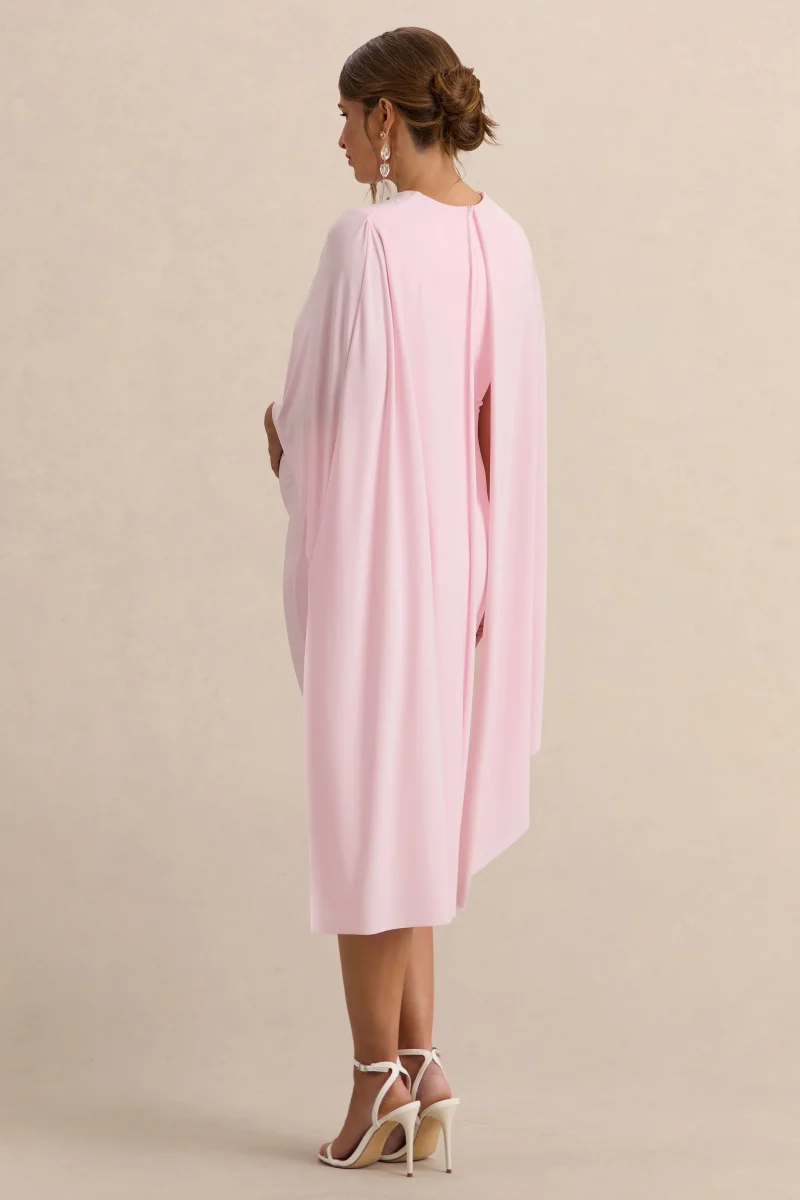 Arwen | Vestido Midi Premamá Rosa Claro De Jersey Elástico Premium Con Escote Redondo Y Detalle De Capa - Imagen 3