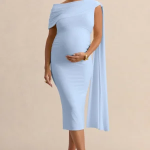 Braelyn | Vestido Midi Premamá Azul Claro Con Escote Asimétrico, Detalle Fruncido Y Fajín
