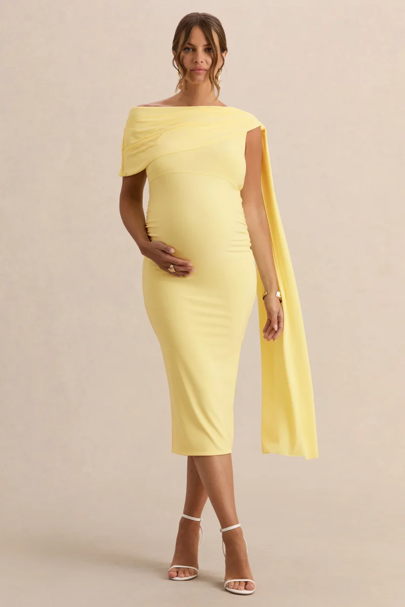 Braelyn | Vestido Midi Premamá Limón Con Escote Asimétrico, Detalle Fruncido Y Fajín