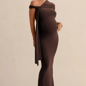 Isela | Vestido Largo Marrón oscuro Premamá de Escote Asimétrico con Detalle de Fajín
