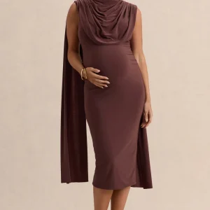 Milaine | Vestido Midi Premamá Marrón Oscuro De Jersey Elástico Premium Con Escote Redondo Y Mangas De Capa