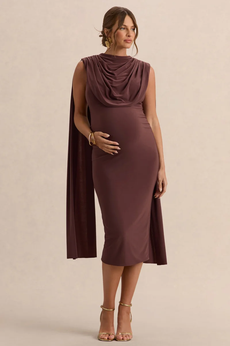 Milaine | Vestido Midi Premamá Marrón Oscuro De Jersey Elástico Premium Con Escote Redondo Y Mangas De Capa