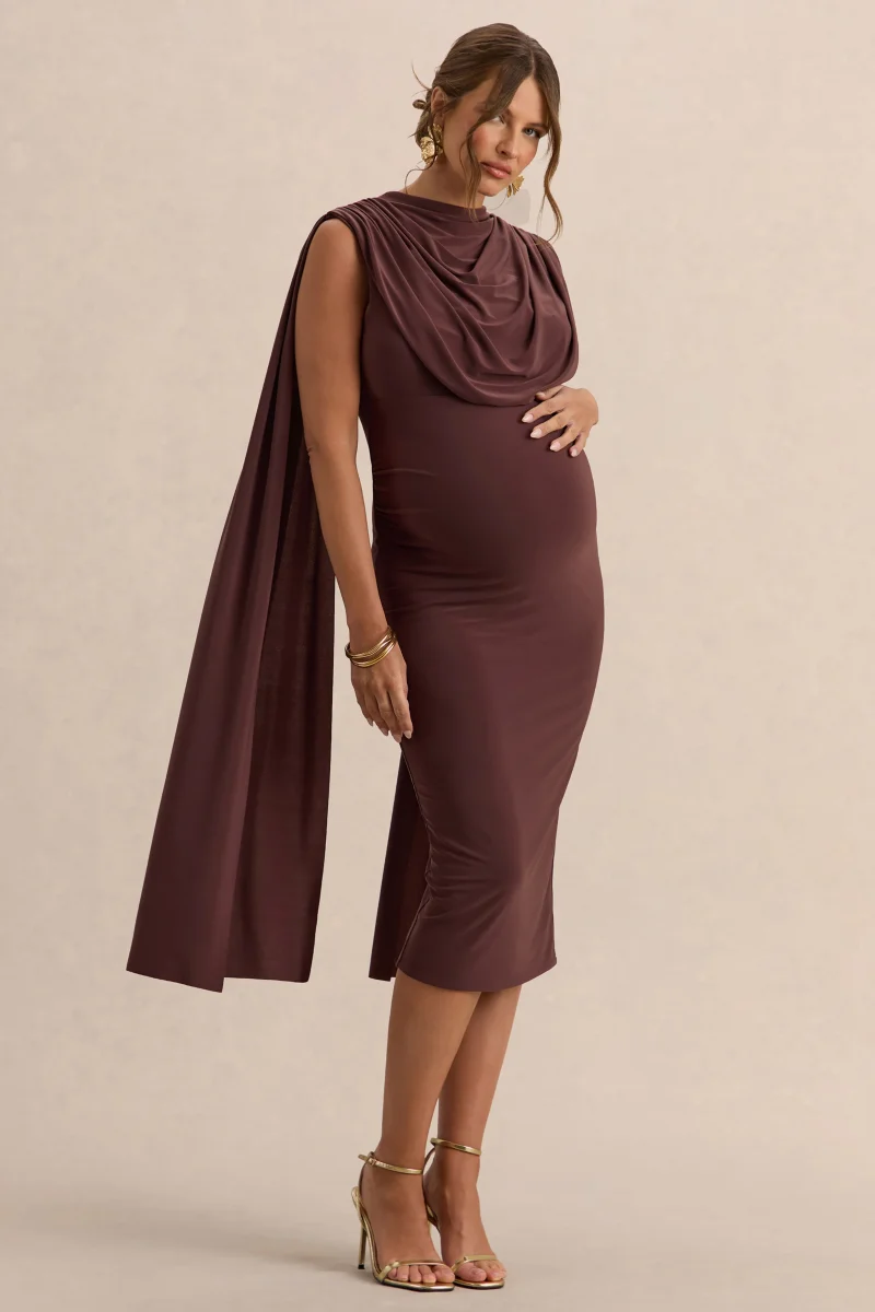 Milaine | Vestido Midi Premamá Marrón Oscuro De Jersey Elástico Premium Con Escote Redondo Y Mangas De Capa - Imagen 6