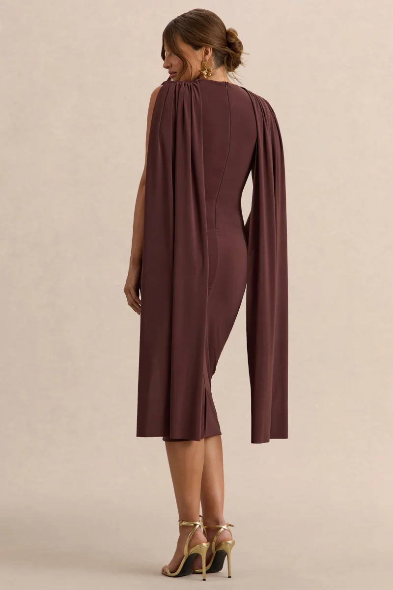 Milaine | Vestido Midi Premamá Marrón Oscuro De Jersey Elástico Premium Con Escote Redondo Y Mangas De Capa - Imagen 3