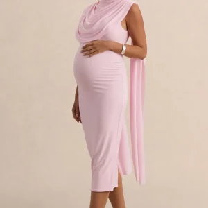 Milaine | Vestido Midi Premamá Rosa Claro De Jersey Elástico Premium Con Escote Redondo Y Mangas De Capa