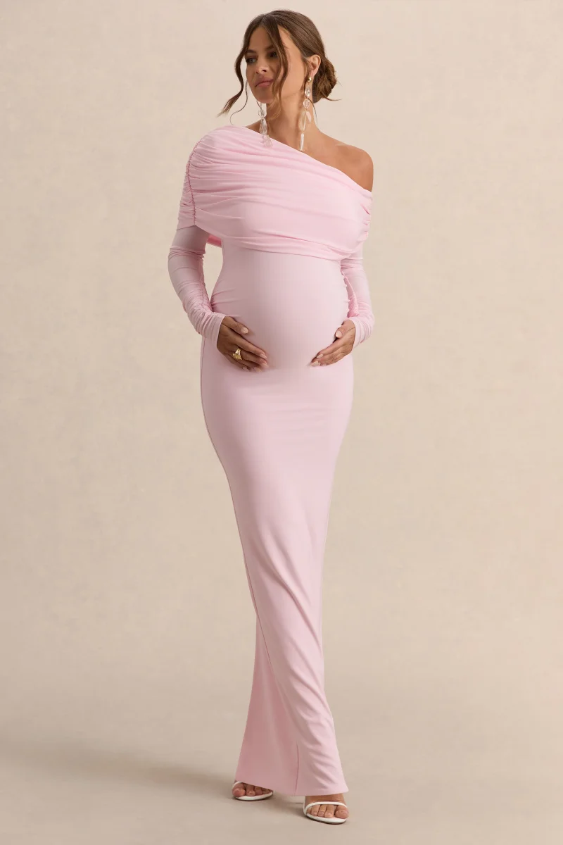 Carleigh | Vestido Largo Rosa claro Premamá de Escote Asimétrico con Detalle Drapeado