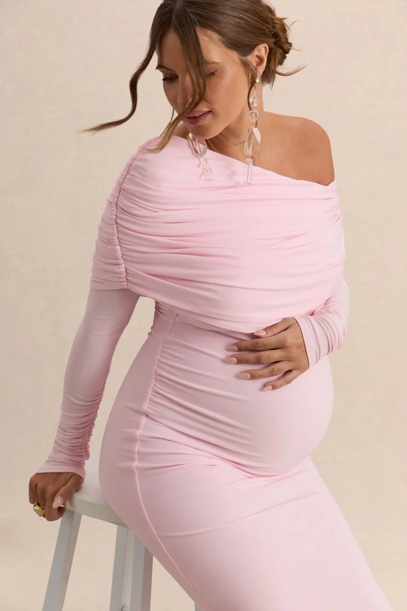 Carleigh | Vestido Largo Rosa claro Premamá de Escote Asimétrico con Detalle Drapeado - Imagen 4