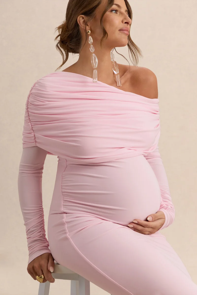 Carleigh | Vestido Largo Rosa claro Premamá de Escote Asimétrico con Detalle Drapeado - Imagen 5