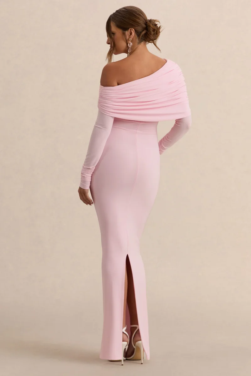 Carleigh | Vestido Largo Rosa claro Premamá de Escote Asimétrico con Detalle Drapeado - Imagen 3