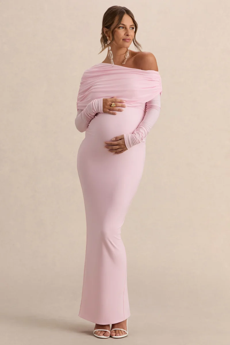 Carleigh | Vestido Largo Rosa claro Premamá de Escote Asimétrico con Detalle Drapeado - Imagen 6