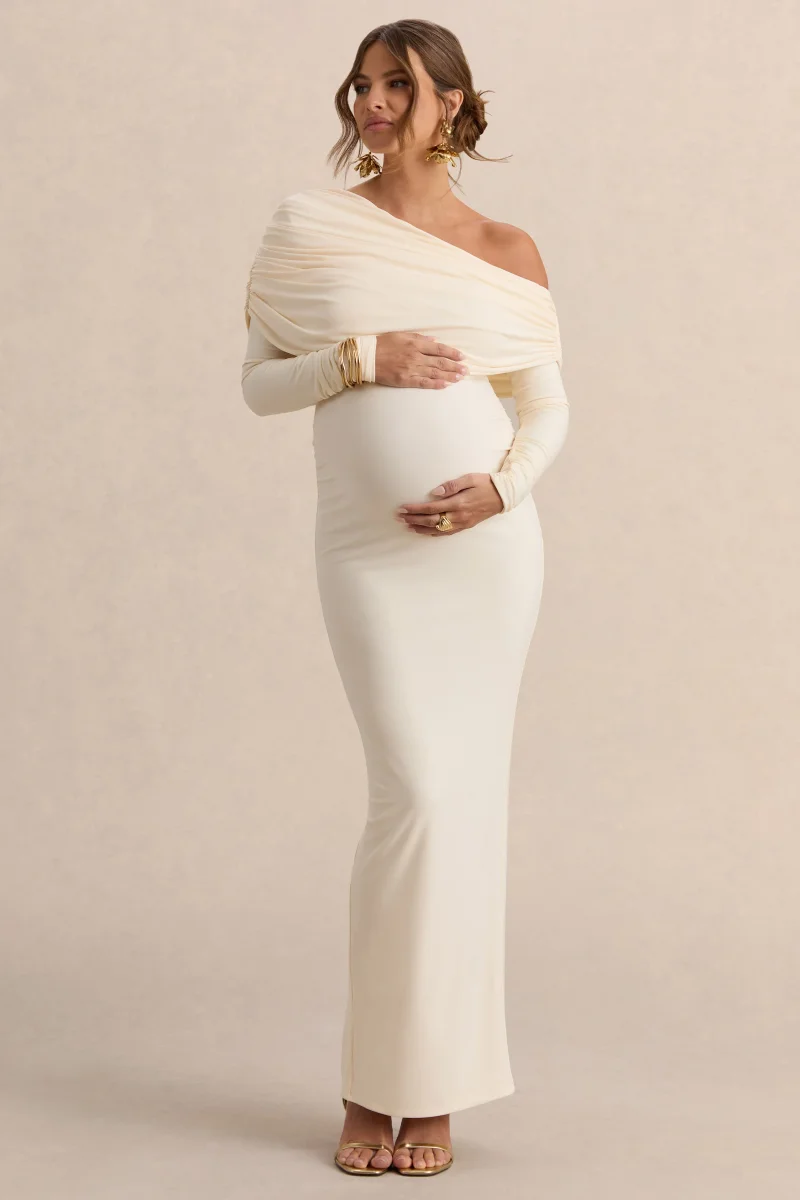 Carleigh | Vestido Largo Crema Premamá de Escote Asimétrico con Detalle Drapeado - Imagen 2