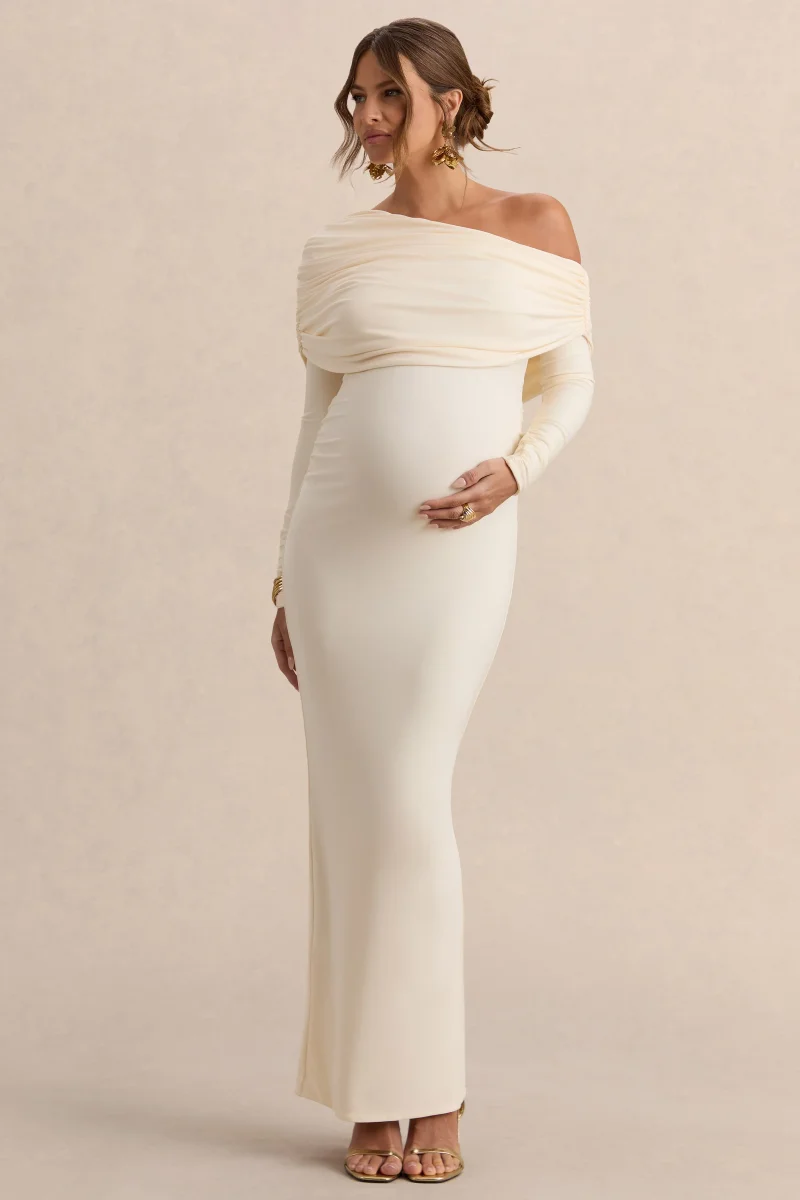 Carleigh | Vestido Largo Crema Premamá de Escote Asimétrico con Detalle Drapeado - Imagen 7