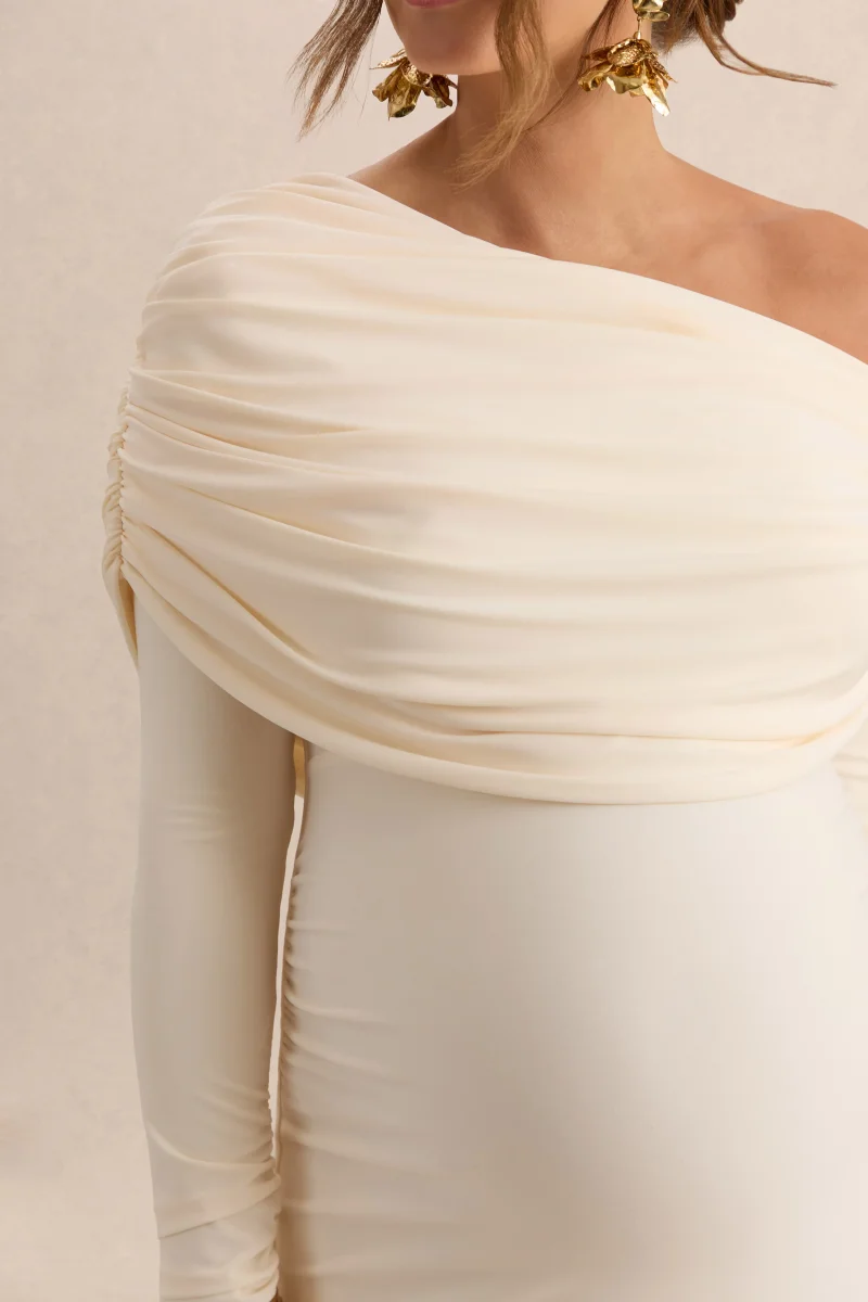Carleigh | Vestido Largo Crema Premamá de Escote Asimétrico con Detalle Drapeado - Imagen 5