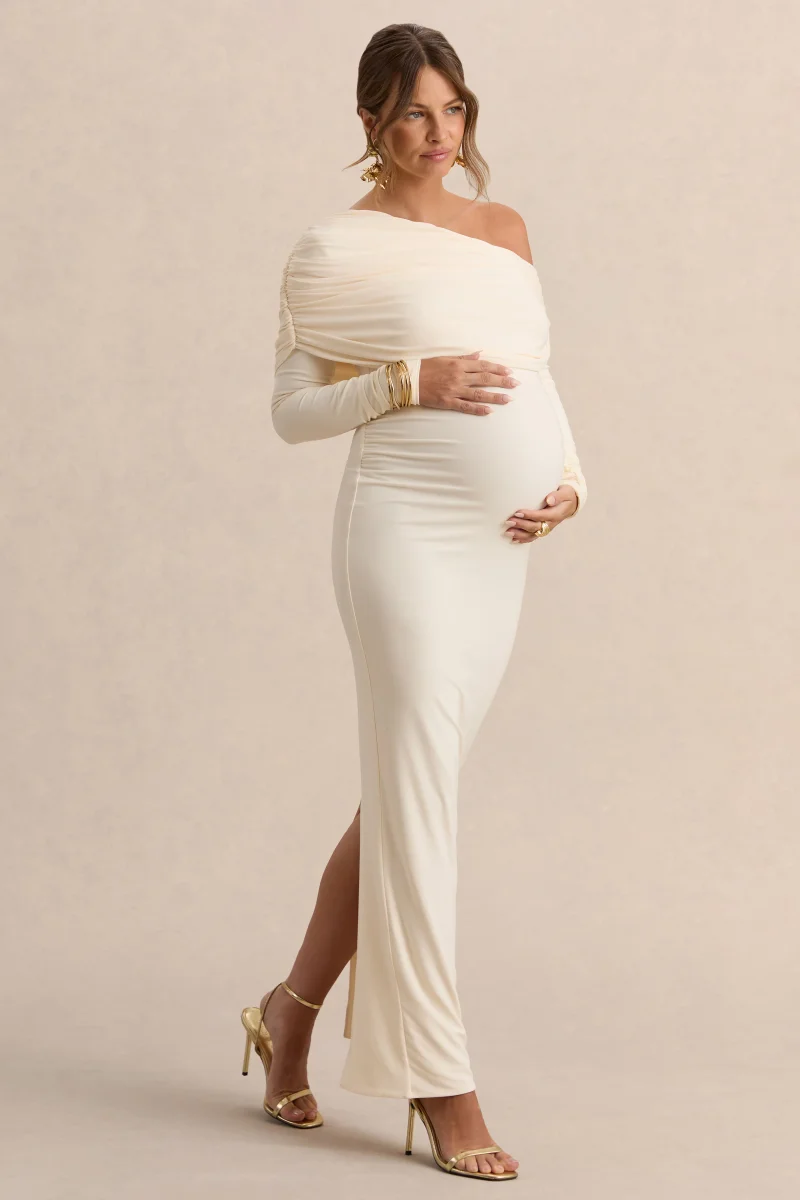 Carleigh | Vestido Largo Crema Premamá de Escote Asimétrico con Detalle Drapeado - Imagen 8