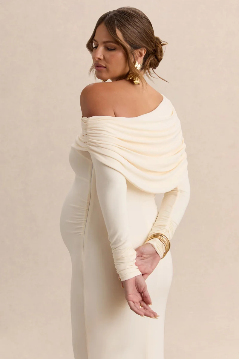 Carleigh | Vestido Largo Crema Premamá de Escote Asimétrico con Detalle Drapeado - Imagen 6