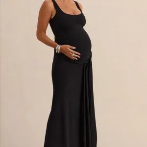 Felise | Vestido Largo Negro de Escote Redondo Premamá con Detalle Drapeado