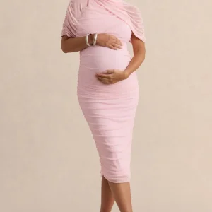 Aderyn | Vestido Midi Premamá Rosa Claro De Cuello Alto Con Mangas Capa Transparentes