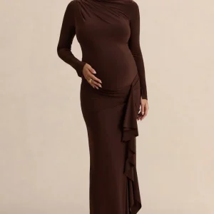 Kamira | Vestido Largo Marrón oscuro Premamá de Cuello Redondo con Detalle Drapeado