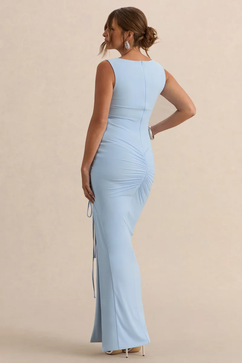 Alitha | Vestido Midi Azul claro Premamá de Cuello Redondo con Detalle Fruncido y Abertura Frontal - Imagen 3