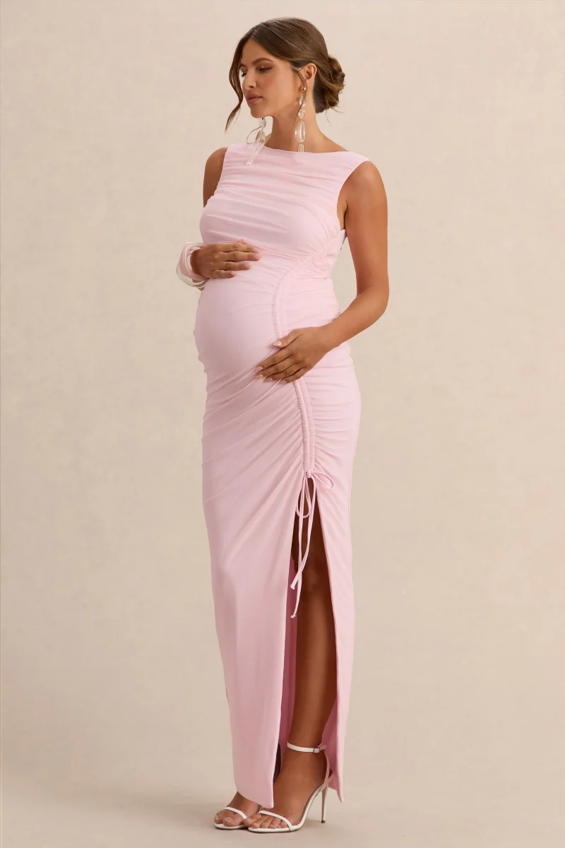 Alitha | Vestido Midi Rosa claro Premamá de Cuello Redondo con Detalle Fruncido y Abertura Frontal - Imagen 6