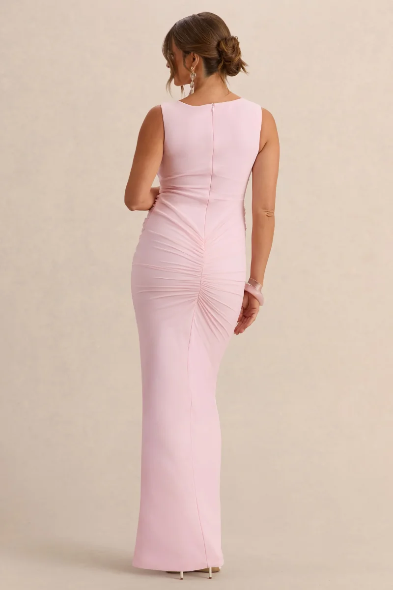 Alitha | Vestido Midi Rosa claro Premamá de Cuello Redondo con Detalle Fruncido y Abertura Frontal - Imagen 3