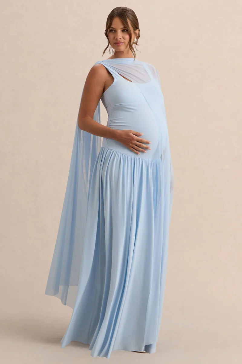 Louella | Vestido Largo Premamá Azul Claro Con Escote Redondo Y Capa Transparente - Imagen 6