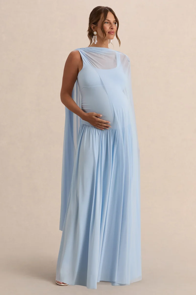 Louella | Vestido Largo Premamá Azul Claro Con Escote Redondo Y Capa Transparente - Imagen 7