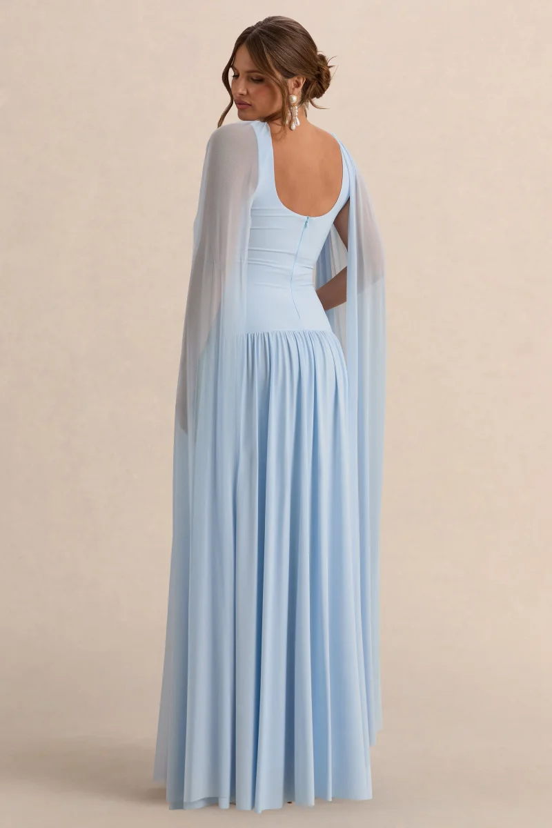 Louella | Vestido Largo Premamá Azul Claro Con Escote Redondo Y Capa Transparente - Imagen 3