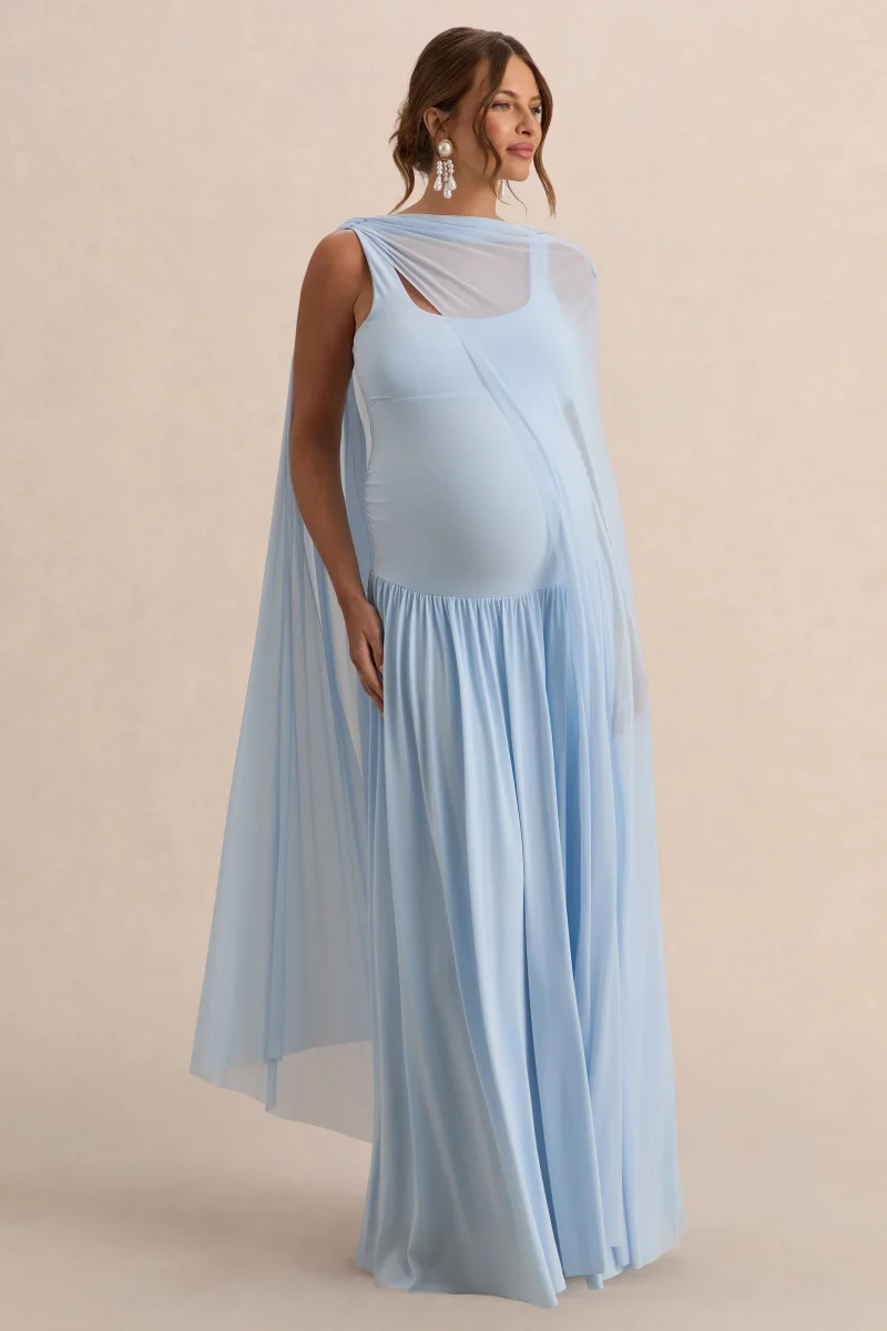 Louella | Vestido Largo Premamá Azul Claro Con Escote Redondo Y Capa Transparente - Imagen 2