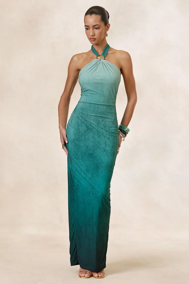 Thera | Vestido Largo Halter Ombre Turquesa Con Detalle Dorado