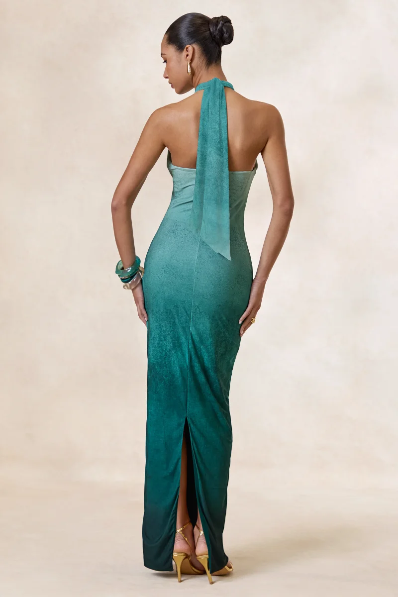 Thera | Vestido Largo Halter Ombre Turquesa Con Detalle Dorado - Imagen 3