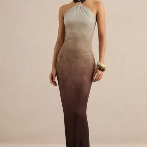 Thera | Vestido Largo Halter Ombre Marrón Con Detalle Dorado