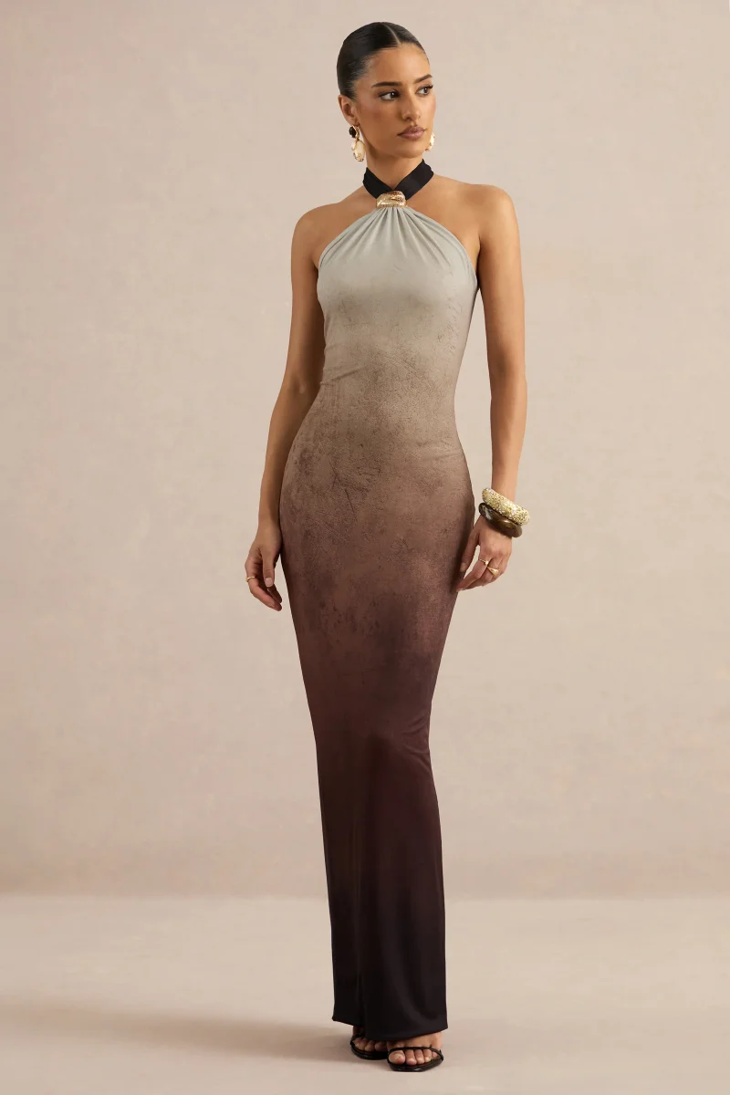 Thera | Vestido Largo Halter Ombre Marrón Con Detalle Dorado