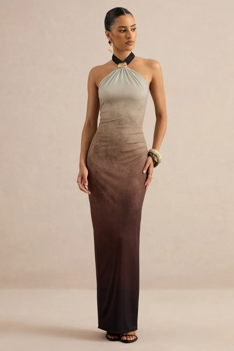 Thera | Vestido Largo Halter Ombre Marrón Con Detalle Dorado - Imagen 5