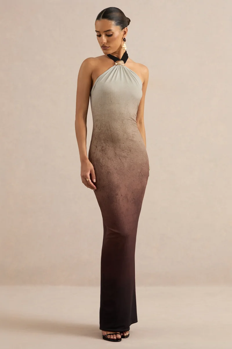 Thera | Vestido Largo Halter Ombre Marrón Con Detalle Dorado - Imagen 6