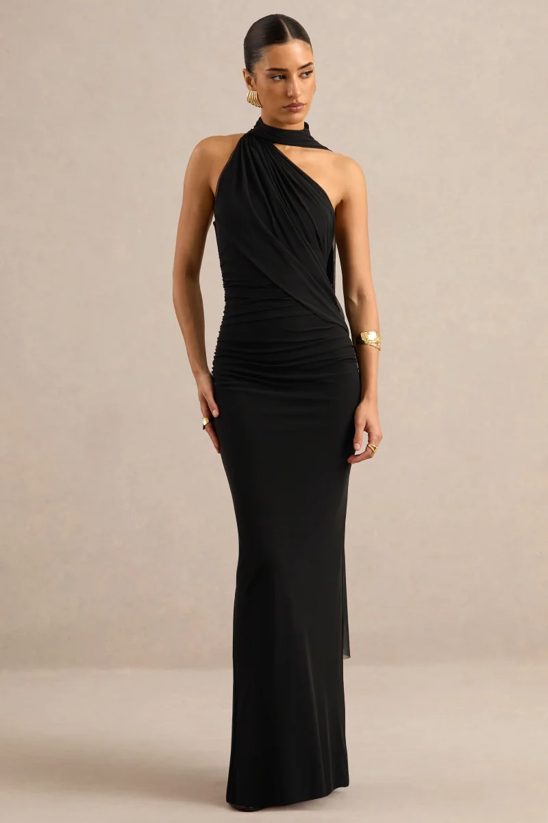 Gelsey | Vestido Largo Negro Con Cuello Asimétrico Y Pañuelo - Imagen 3