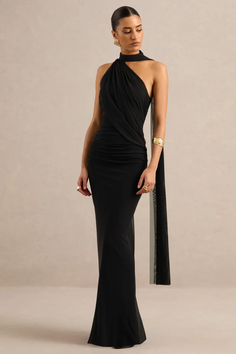 Gelsey | Vestido Largo Negro Con Cuello Asimétrico Y Pañuelo - Imagen 5
