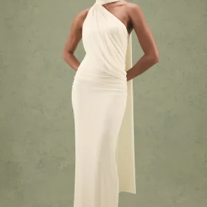 Gelsey | Vestido Largo Crudo De Cuello Asimétrico Con Pañuelo